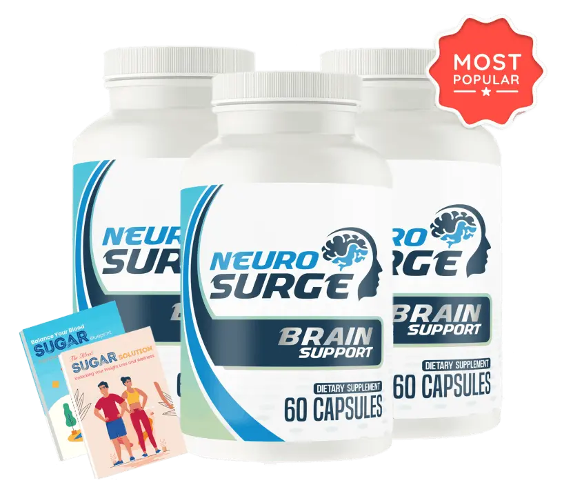 NeuroSurge dietary supplement bottle featuring a sleek design with a blue and white label, highlighting brain health support benefits.