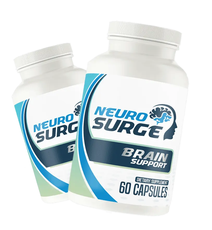 NeuroSurge dietary supplement bottle featuring a sleek design with a blue and white label, highlighting brain health support benefits.