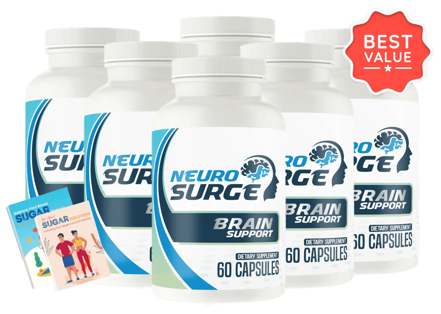 NeuroSurge dietary supplement bottle featuring a sleek design with a blue and white label, highlighting brain health support benefits.